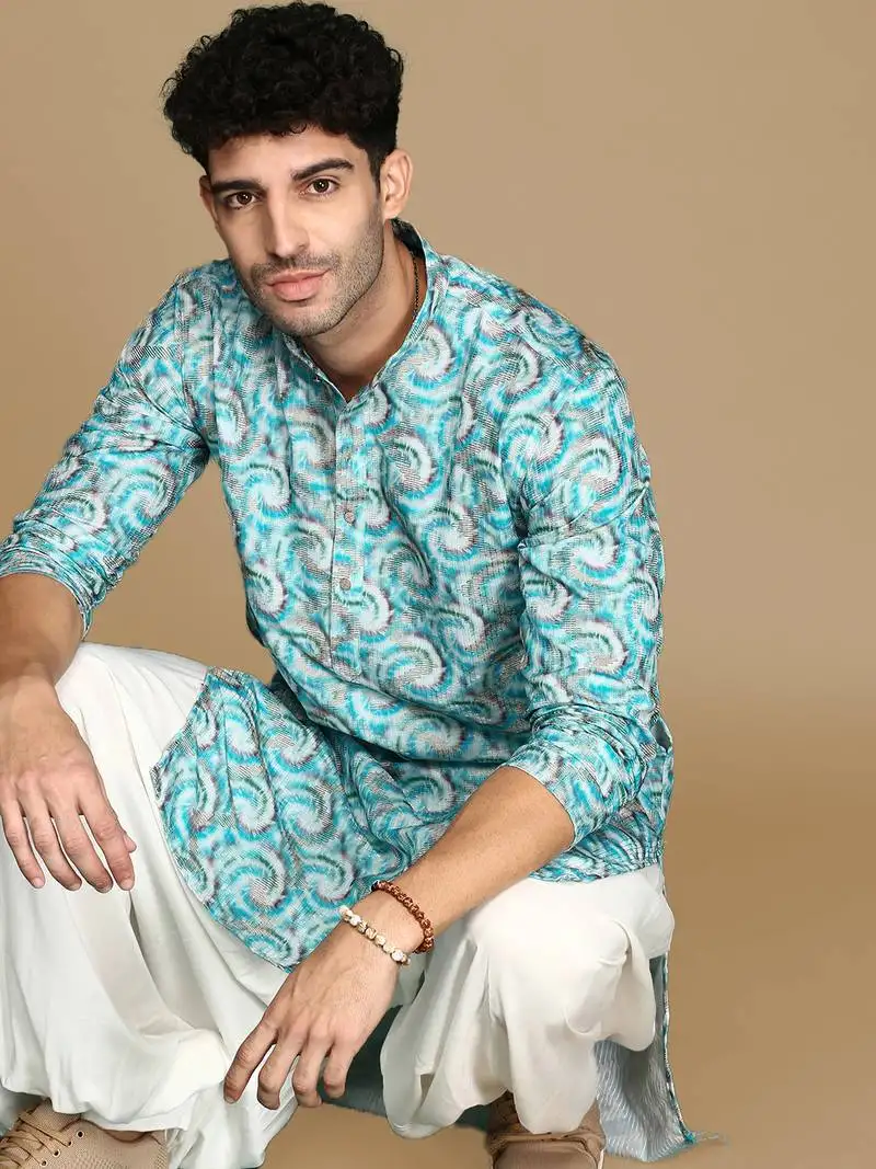 Dapper & dazzling men's printed sku blue golden zari touch up trendy wear cotton kurta by sanwara