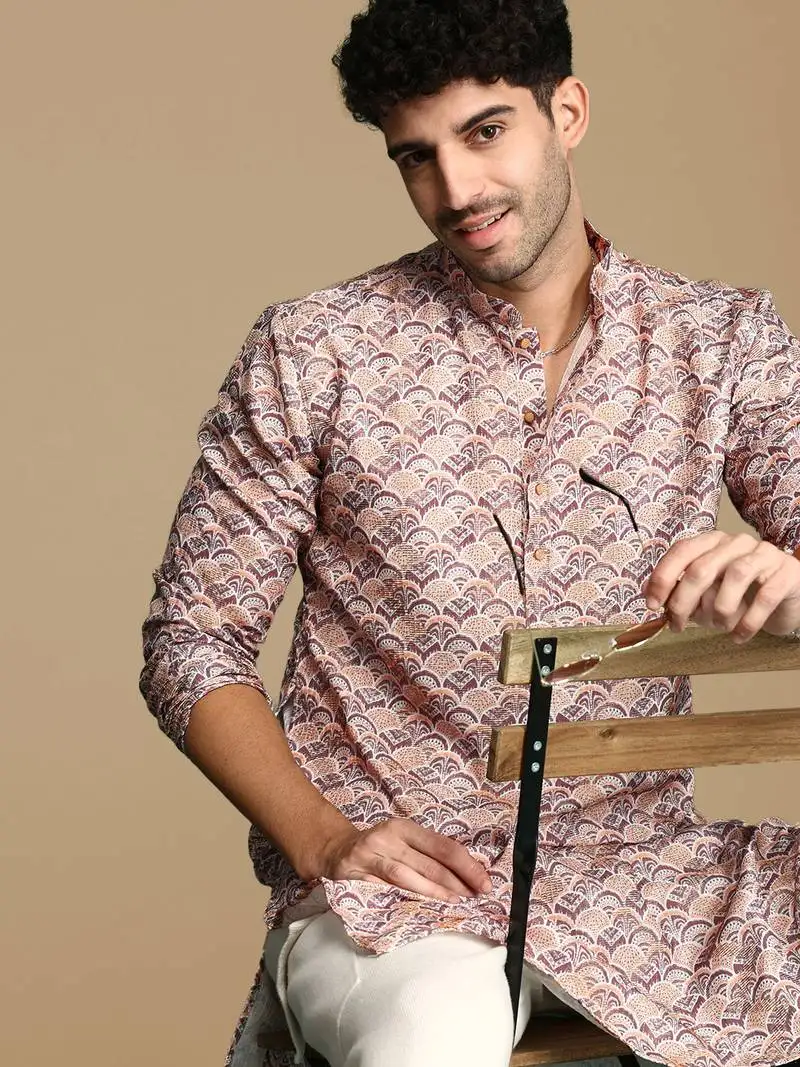 Unleash your style with men's brown printed trendy fusion wear kurta by sanwara