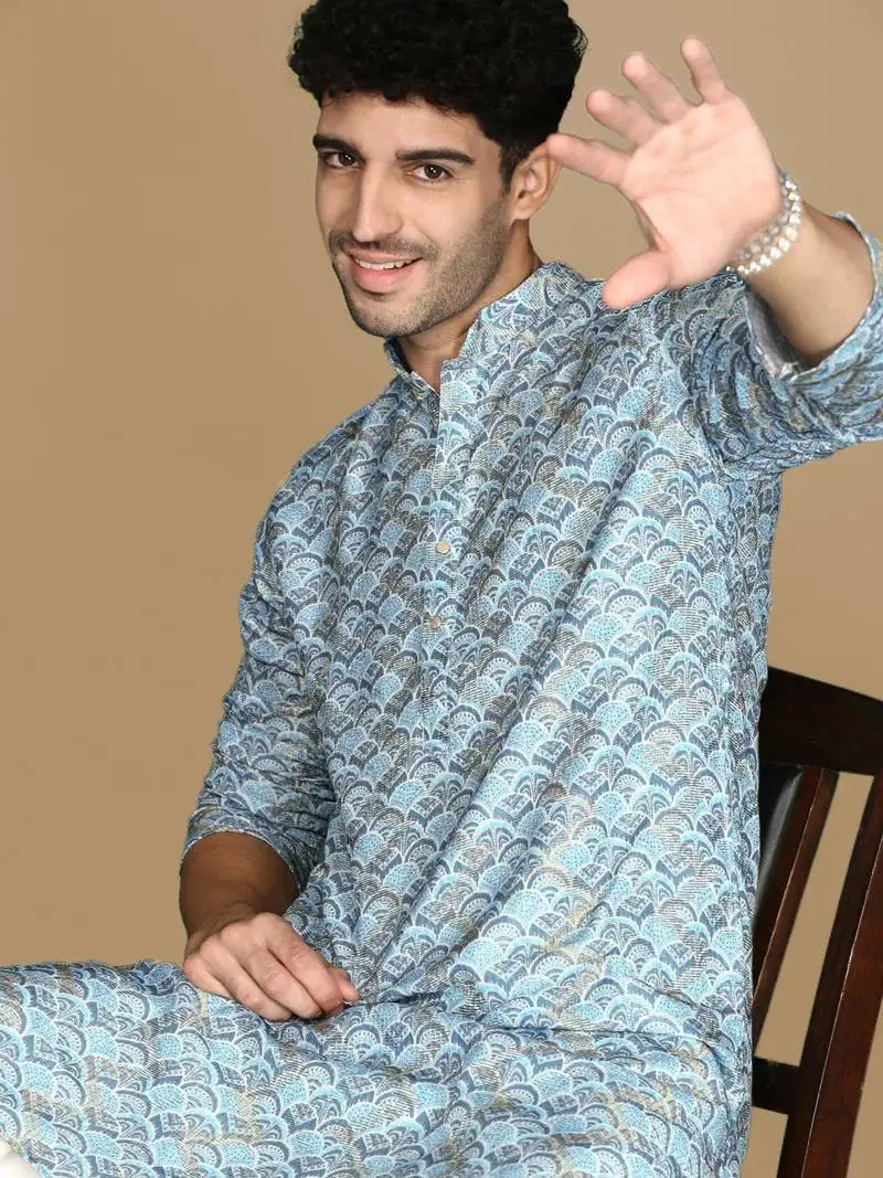 Unleash your style with men's sky blue printed trendy fusion wear kurta by sanwara