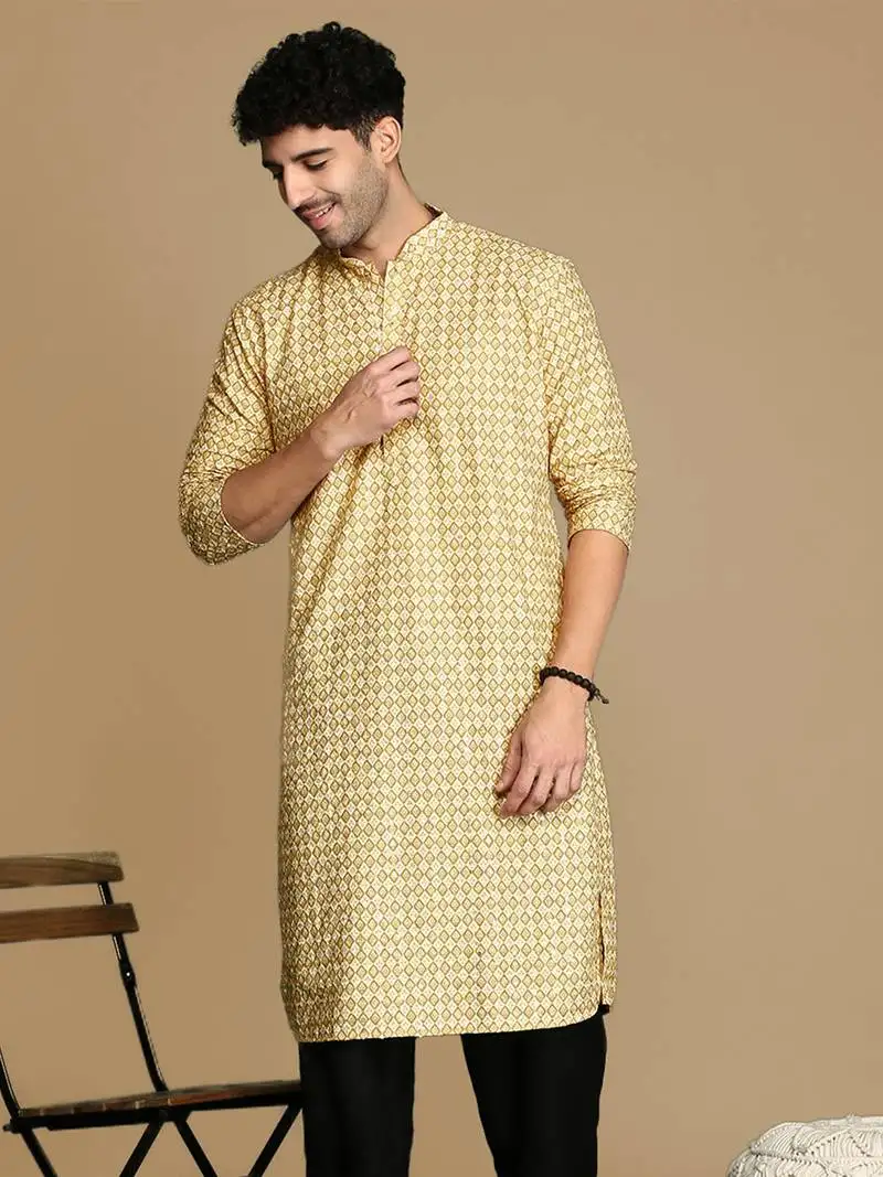 Dapper & dazzling men's printed brown sequins touch up fusion wear cotton kurta by sanwara