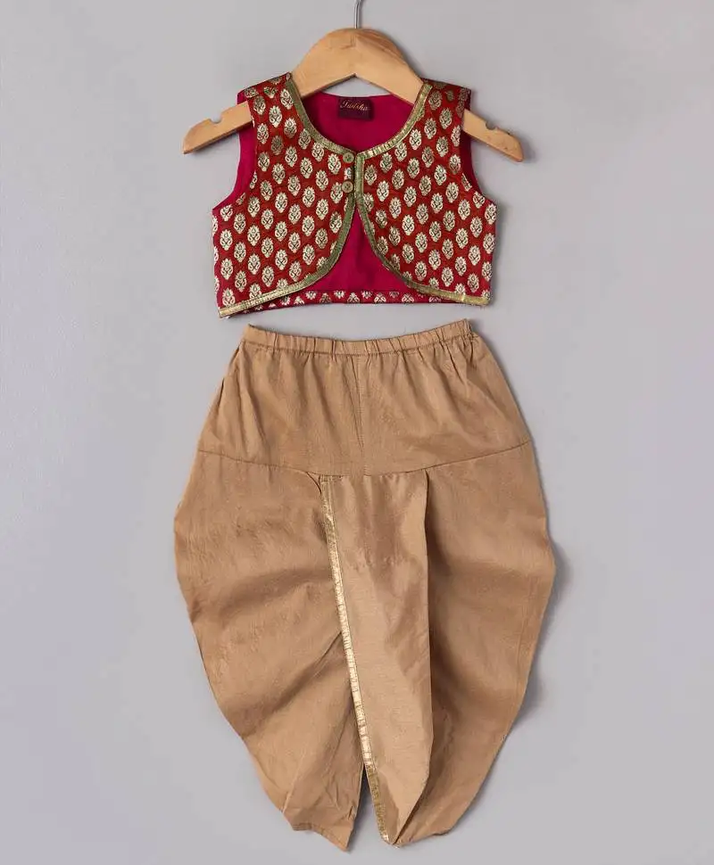 Red printed brocade top with dhoti for girls