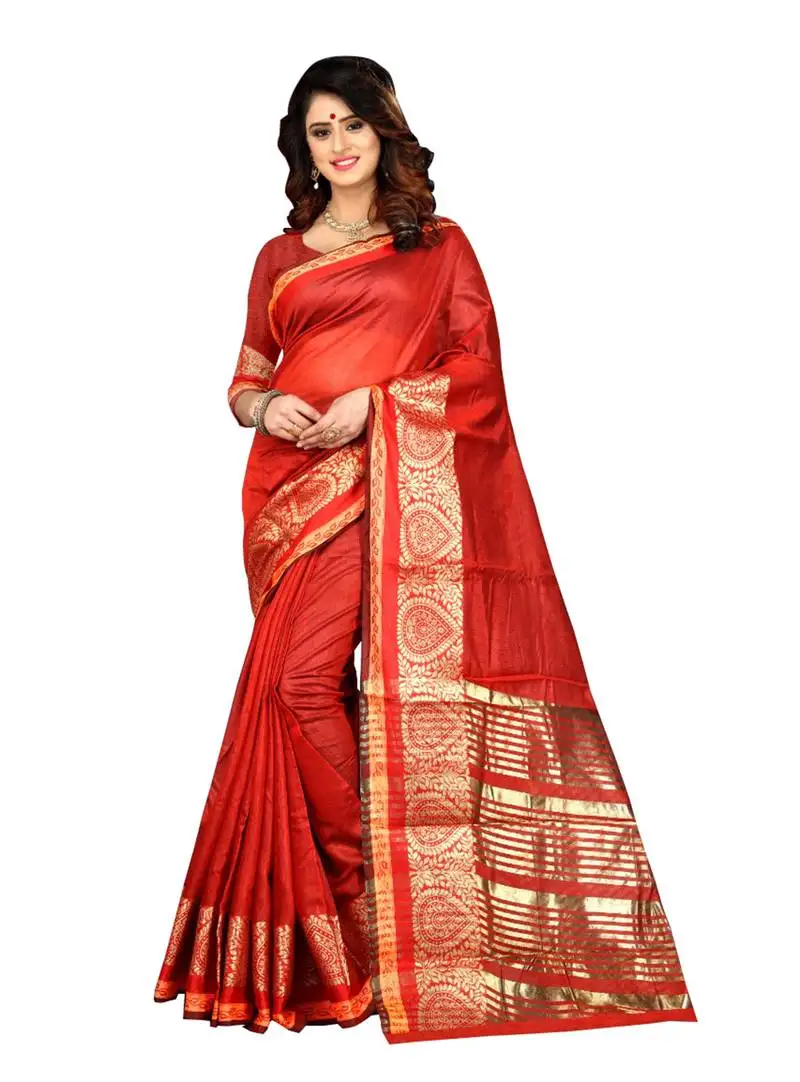 Red woven cotton silk saree with blouse