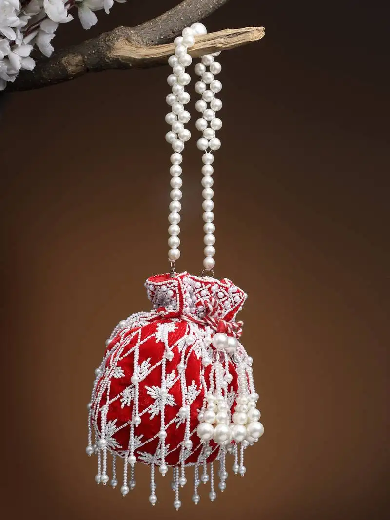 Droop red & white pearl embellished velvet potli