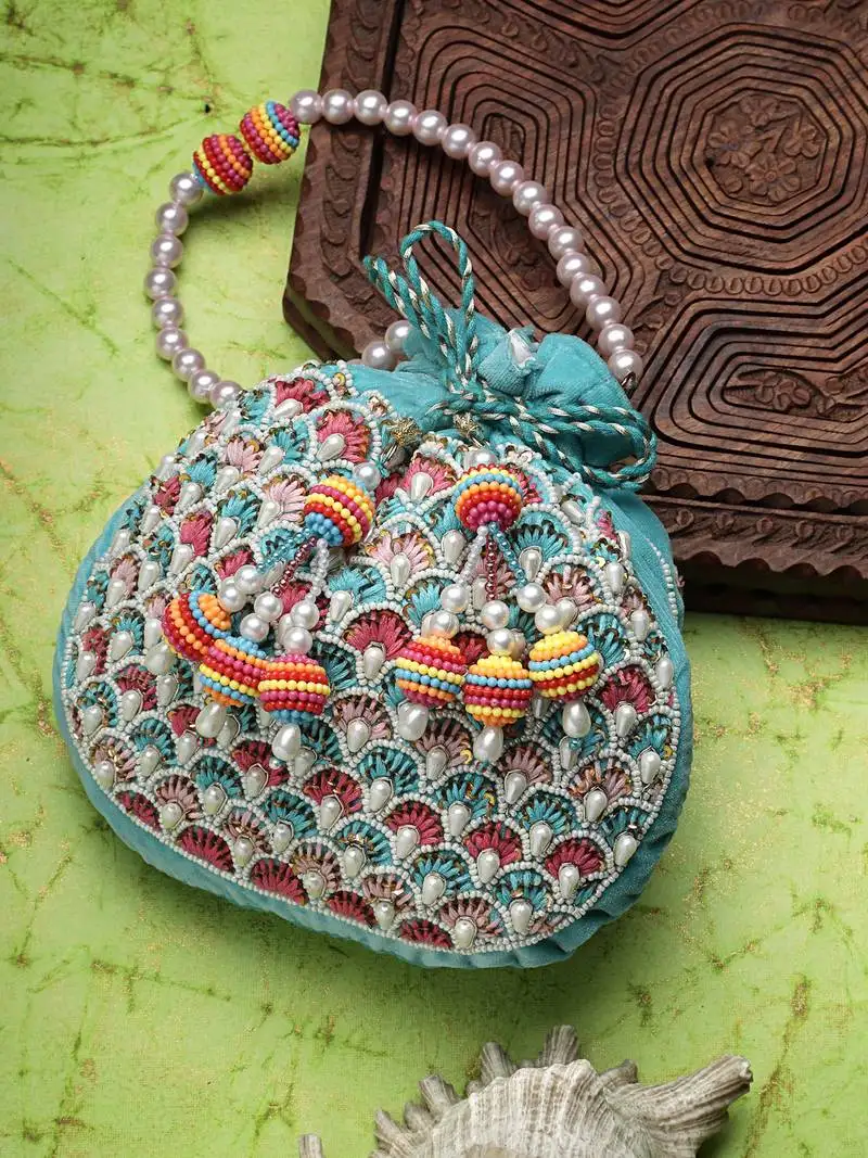 Dangle aqua blue & multi fish scale embellished velvet potli