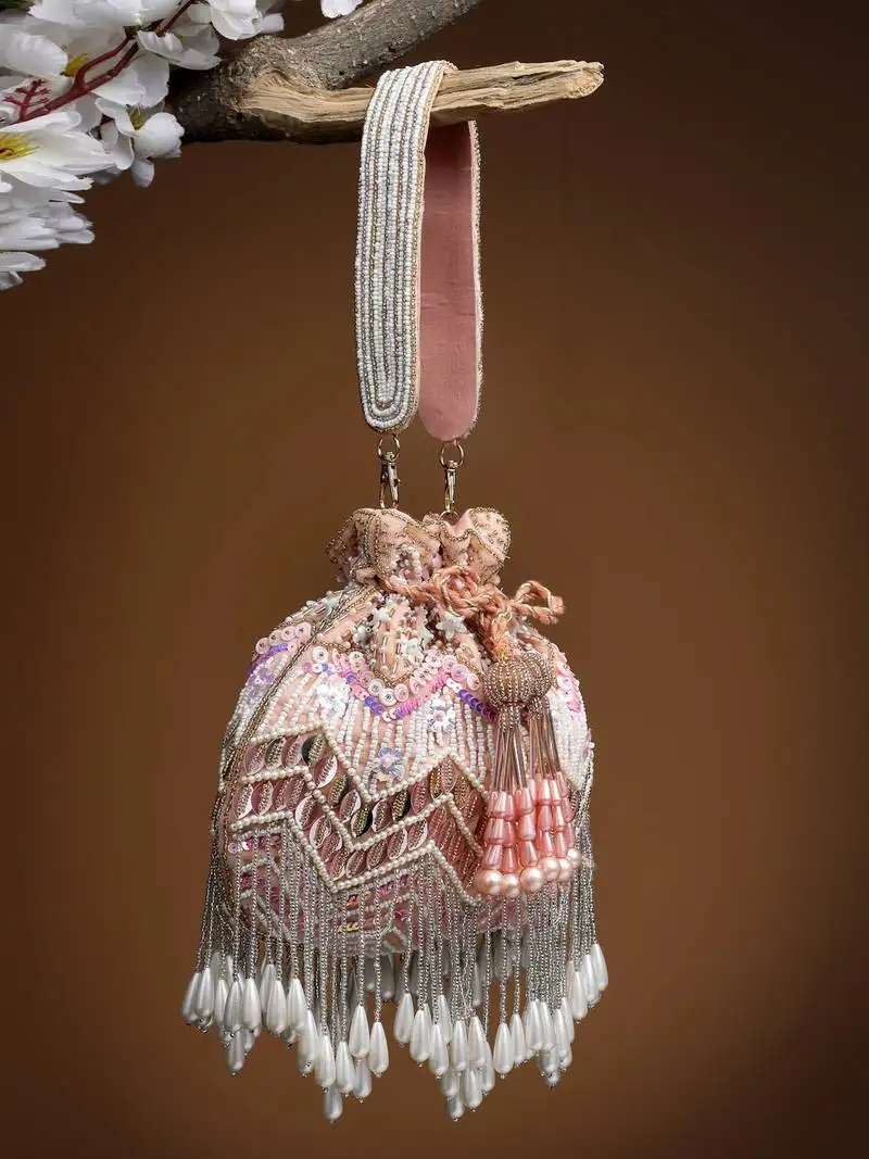 Droop peach & multi chevron embellished velvet potli