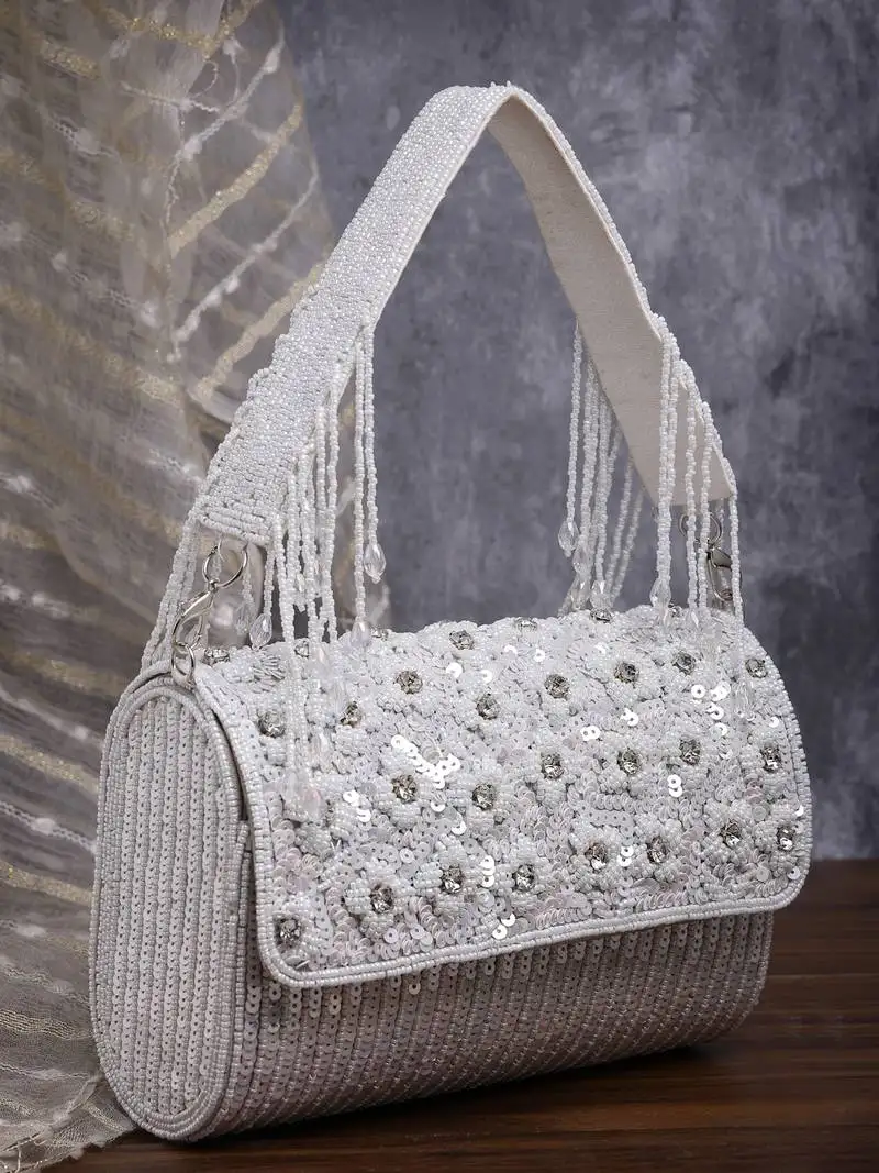 Coffer silver & white floral embellished faux silk clutch