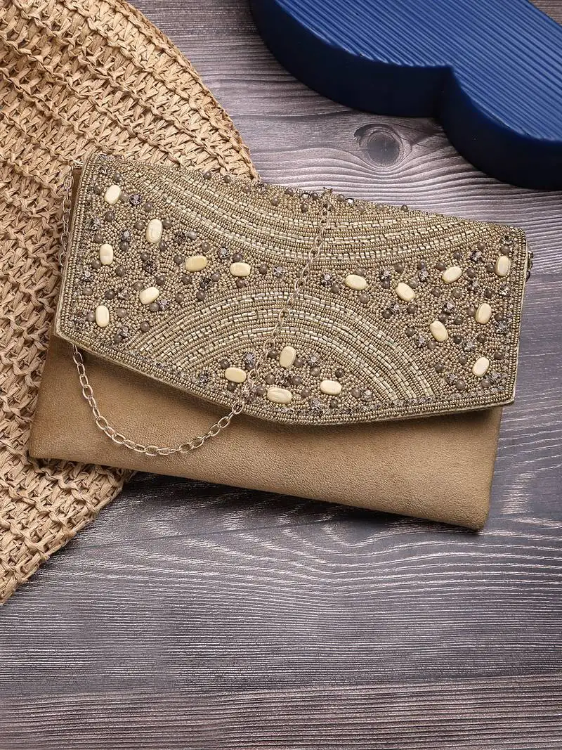 Adorn beige & gold embellished suede clutch