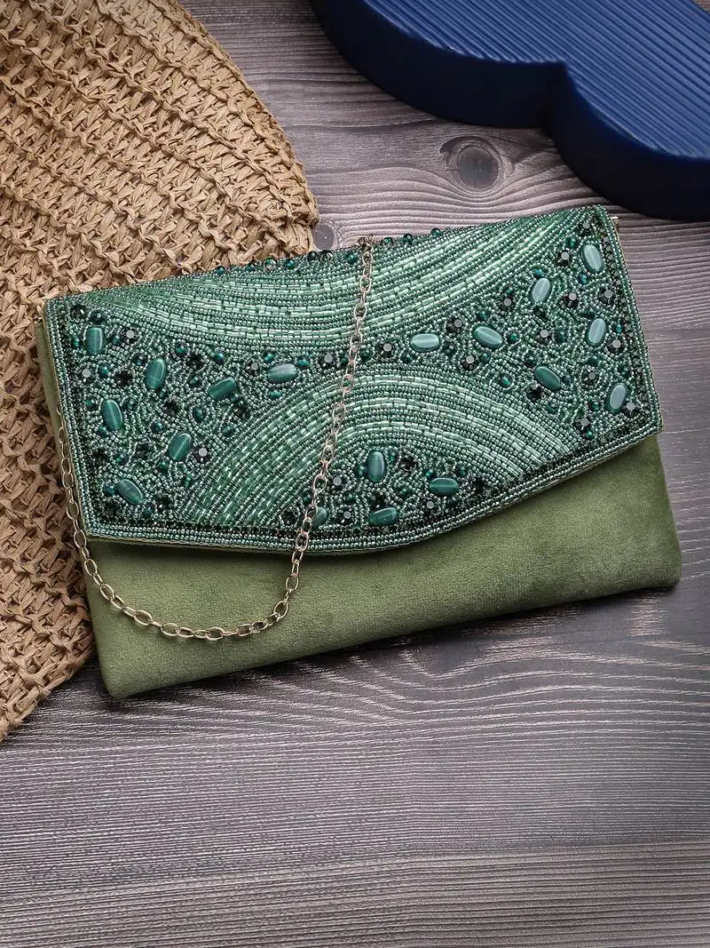 Adorn bottle green & mehandi embellished suede clutch