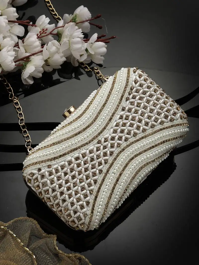 Adorn white & gold embellished faux silk clutch
