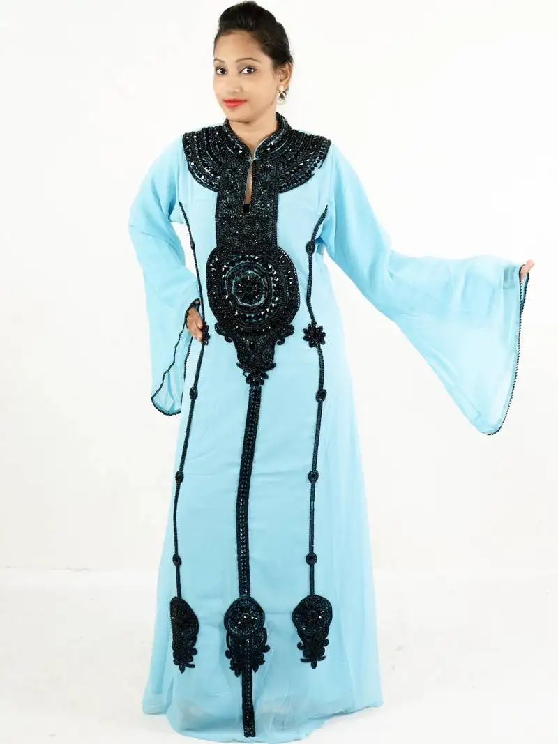 Aqua blue embroidered georgette islamic kaftan