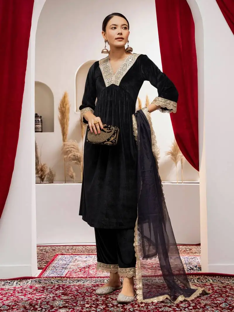 Aask women solid velvet lace work black color kurta pant & dupatta set stitched