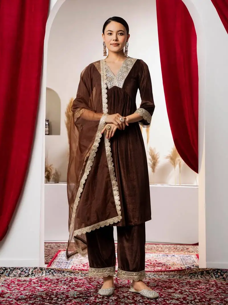 Aask women solid velvet lace work brown color kurta pant & dupatta set stitched