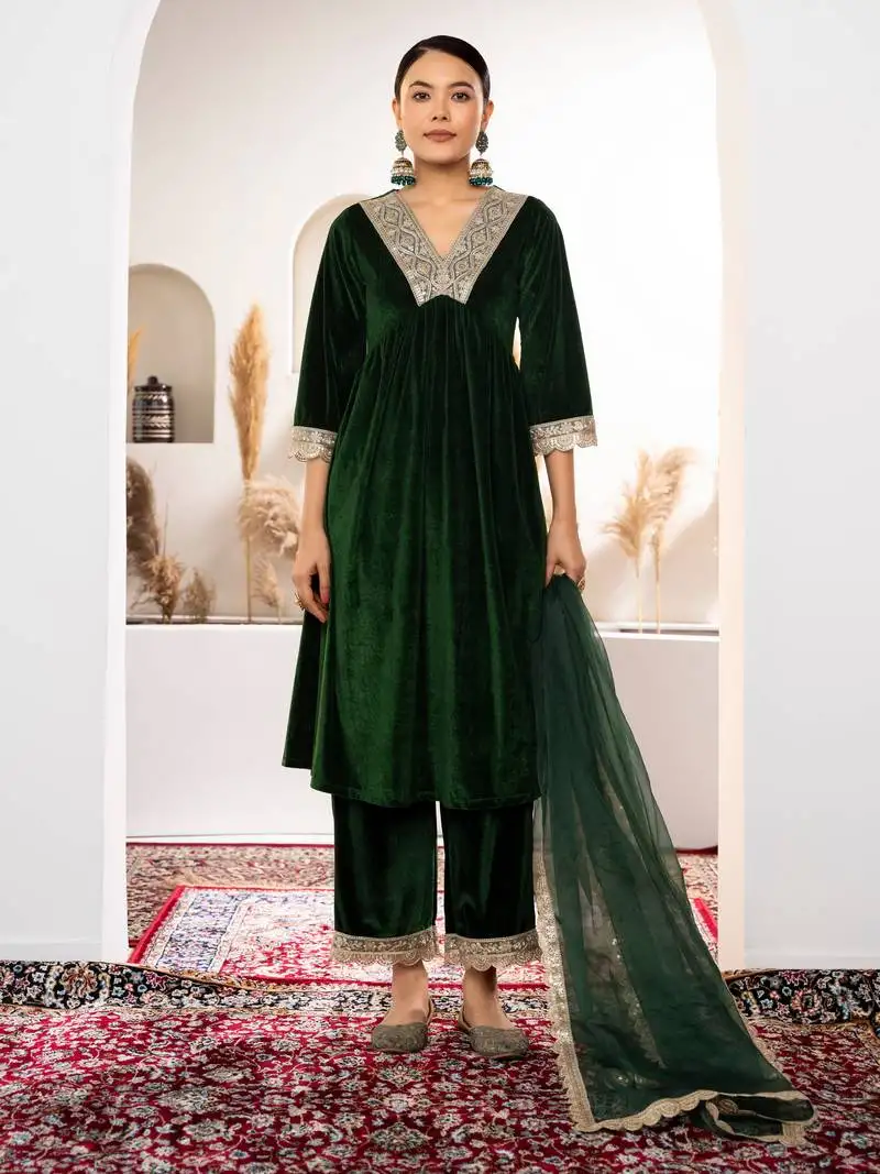 Aask women solid velvet lace work green color kurta pant & dupatta set stitched