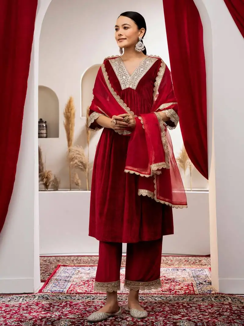 Aask women solid velvet lace work maroon color kurta pant & dupatta set stitched