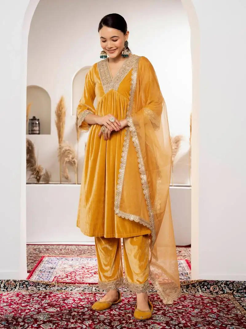 Aask women solid velvet lace work mustard color kurta pant & dupatta set stitched