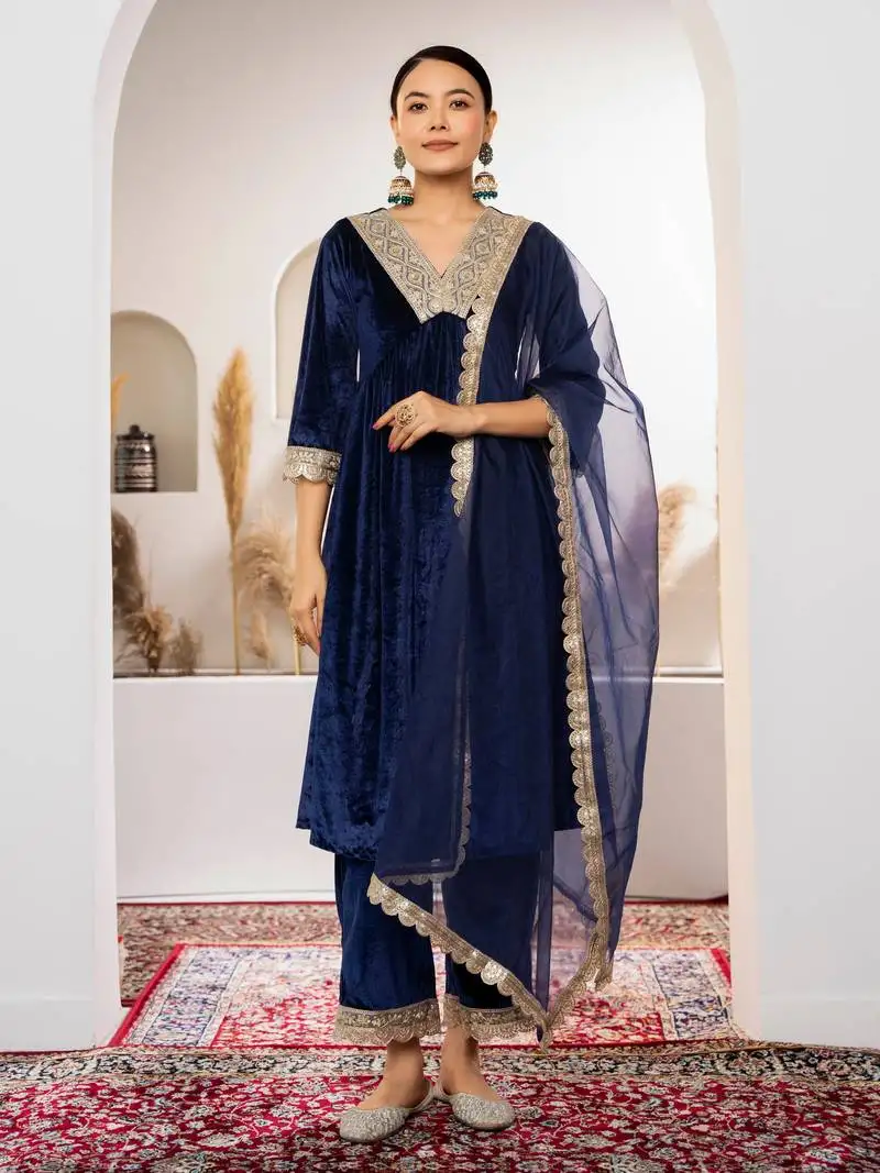 Aask women solid velvet lace work navy blue color kurta pant & dupatta set stitched