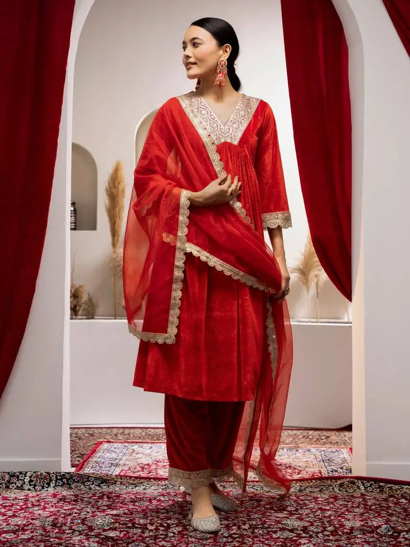 Aask women solid velvet lace work red color kurta pant & dupatta set stitched