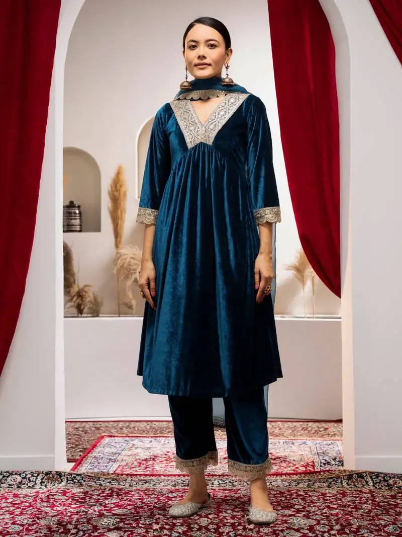 Aask women solid velvet lace work teal color kurta pant & dupatta set stitched