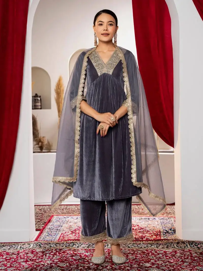 Aask women solid velvet lace work silver color kurta pant & dupatta set stitched