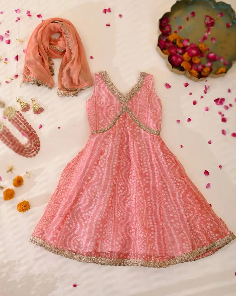 Girls's peach bandhani anarkali set with dupatta