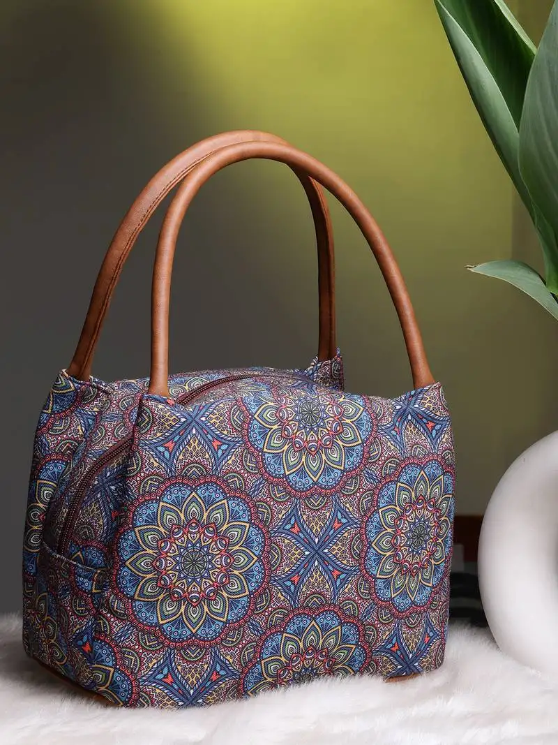 Tribal multi & tan mandala cotton jacquard handheld bag