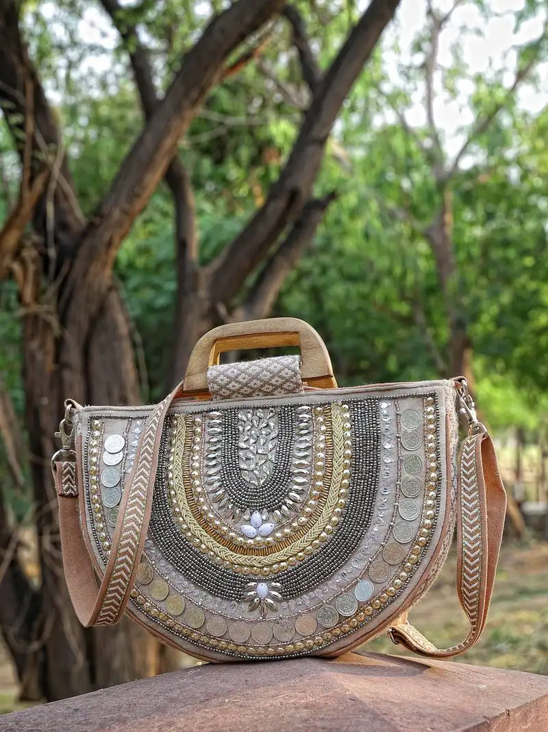 Boho camel brown & gold ethnic embellished cotton jacquard handheld bag