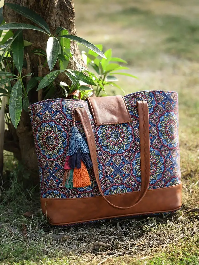 Tribal navy & tan mandala printed polycotton tote bag