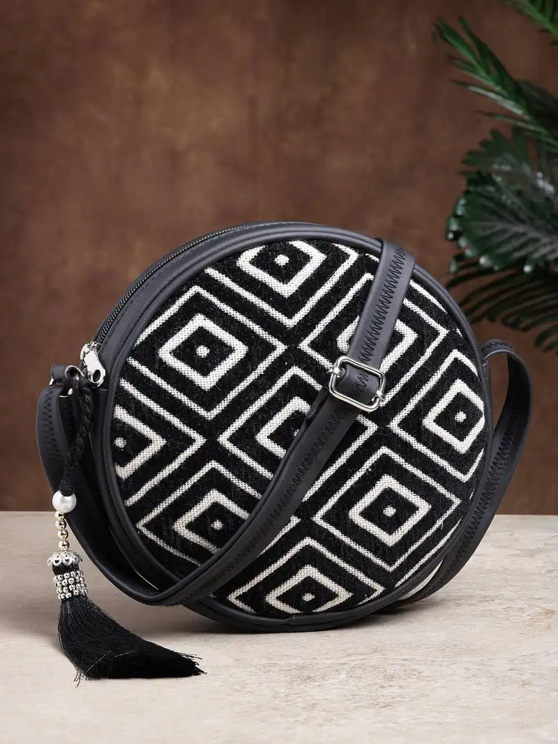Boho black & off white diamond cotton jacquard sling bag