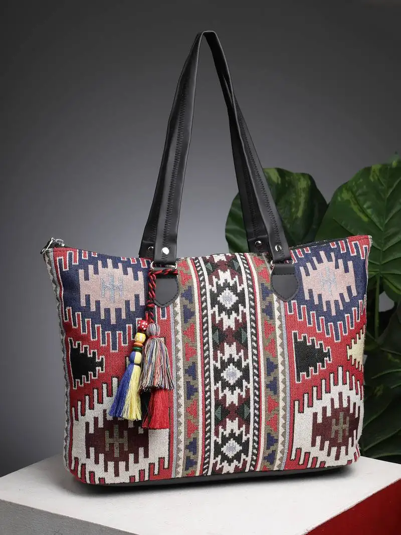Tribal multi & black ikat cotton jacquard tote bag