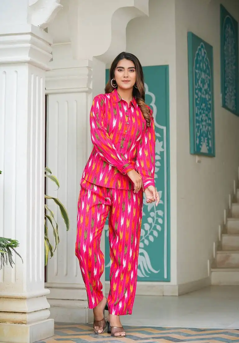 Yash gallery women's ikat printed co-ord set (pink)
