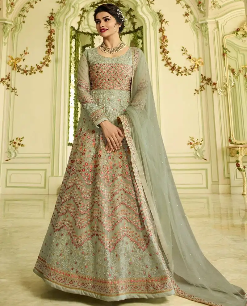 Pista green embroidered anarkali dress with stylish dupatta semi stitched