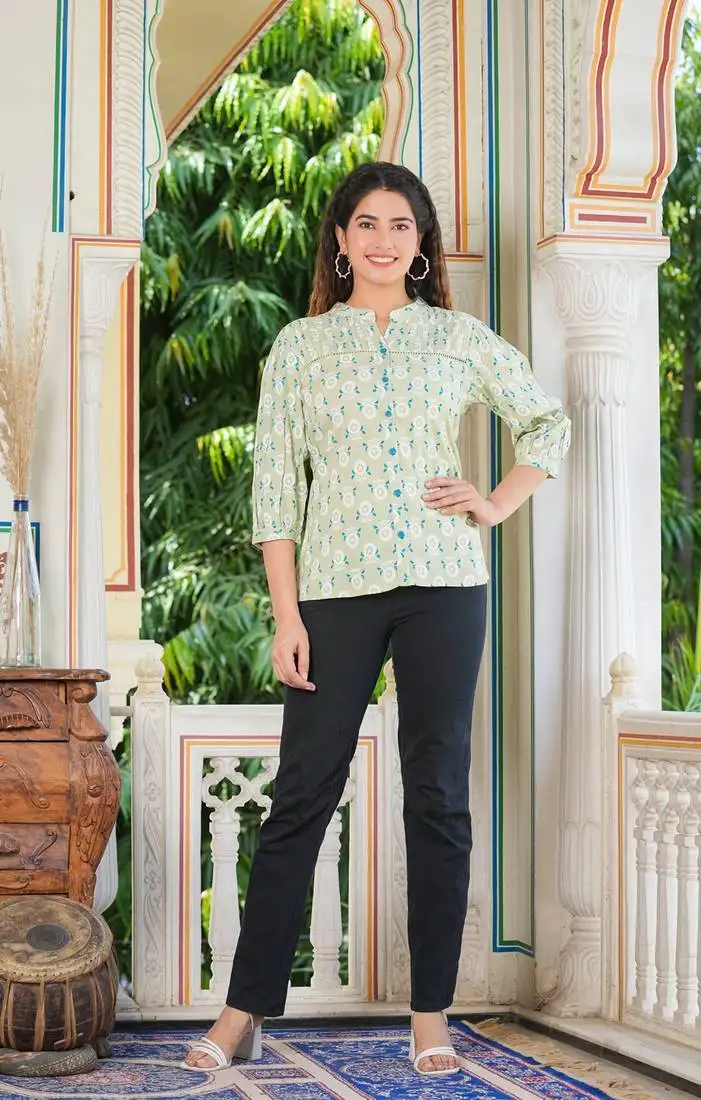 Yash gallery women's floral printed regular pintucks shirt (green)