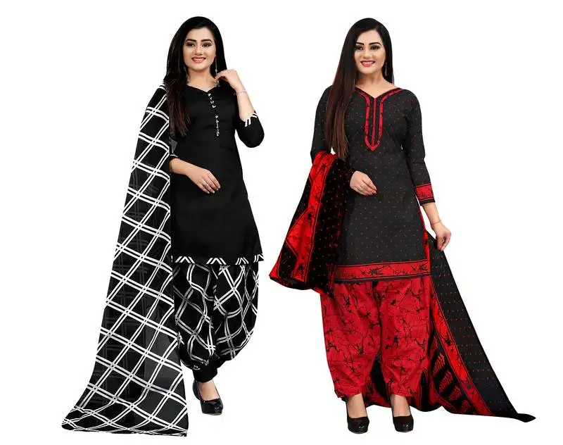 Black and black cotton printed unstitched salwar suit material (combo of 2)