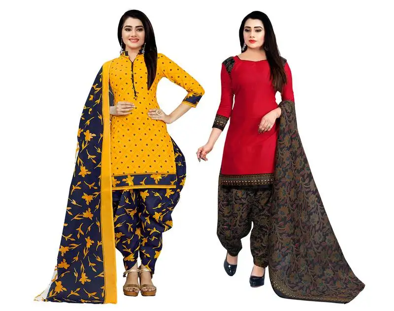 Yellow & red cotton printed unstitched salwar suit material (combo of 2)