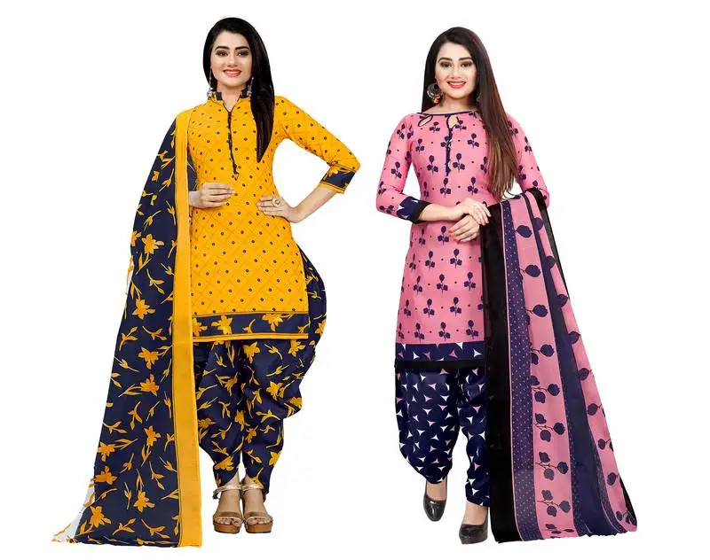 Yellow and pink cotton printed unstitched salwar suit material (combo of 2)
