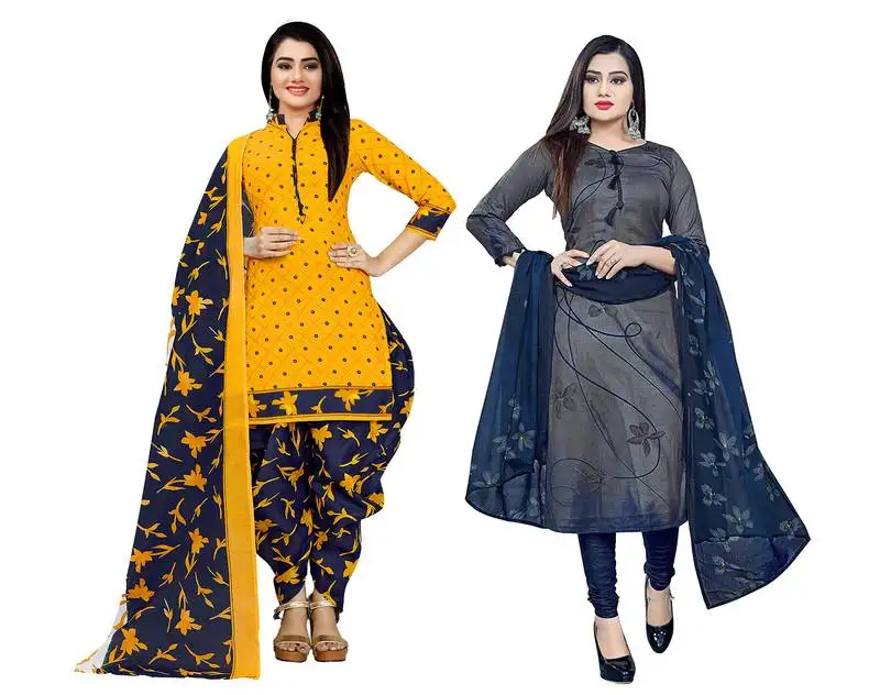 Yellow & grey cotton printed unstitched salwar suit material (combo of 2)
