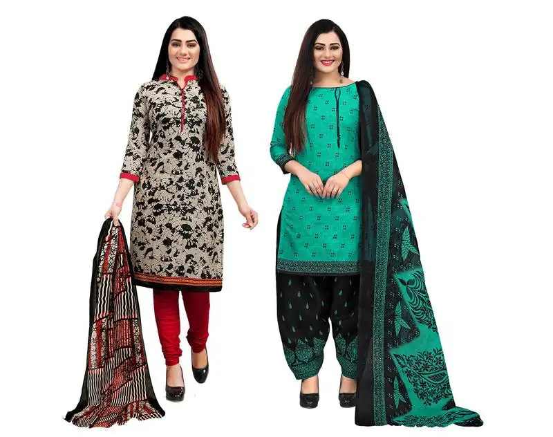 Beige & green cotton printed unstitched salwar suit material (combo of 2)