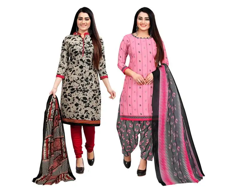 Beige and baby pink cotton printed unstitched salwar suit material (combo of 2)
