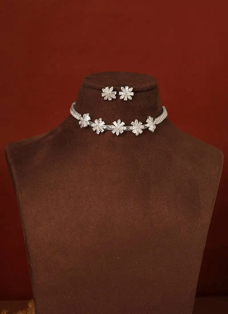 American diamond choker set with flower pendant