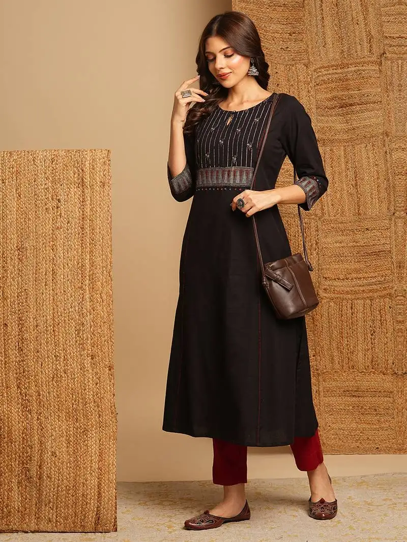 A-line flared kurta with the hand block printed yoke.