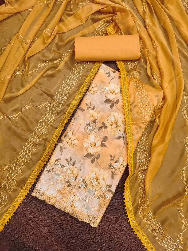 Yellow cambric cotton embroidered unstitched dress material