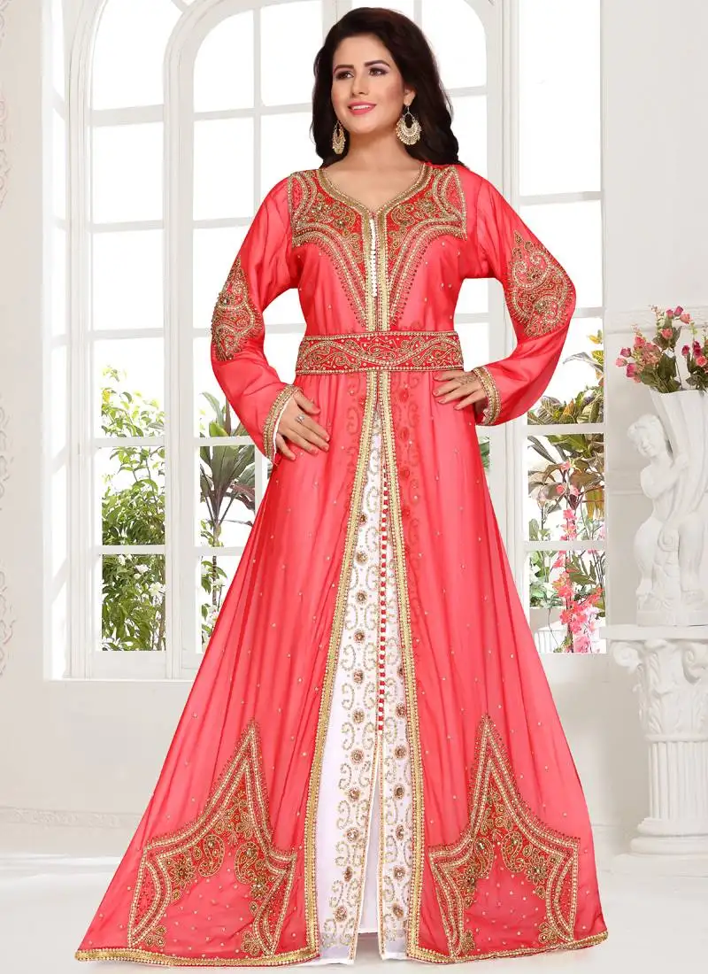 Pink embroidered georgette islamic kaftans with hijab