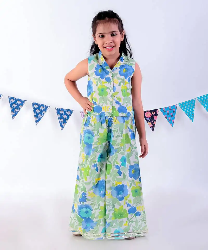 Green cotton top with pant co-ordinate ethnic set