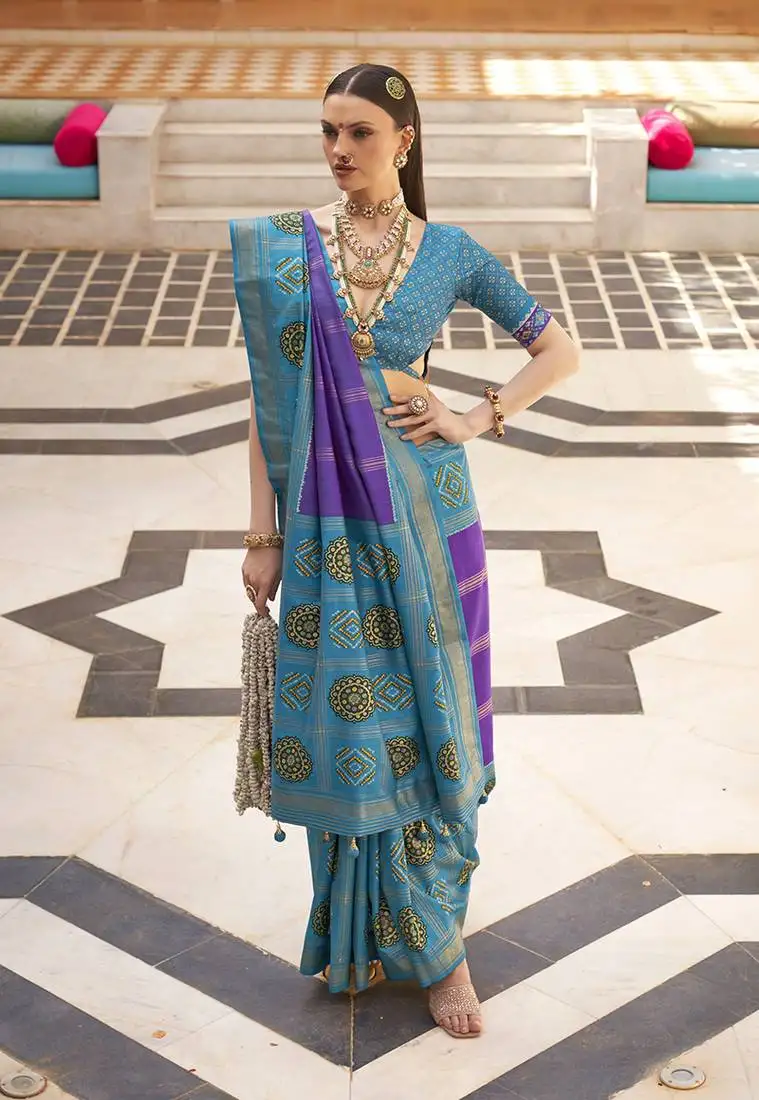 Aqua blue silk blend foil print patola contemporary saree