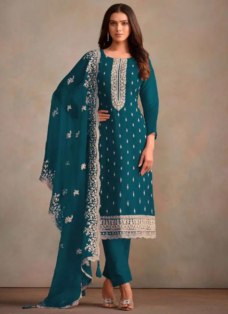 Aqua blue organza embroidery work designer salwar suit semi stitched