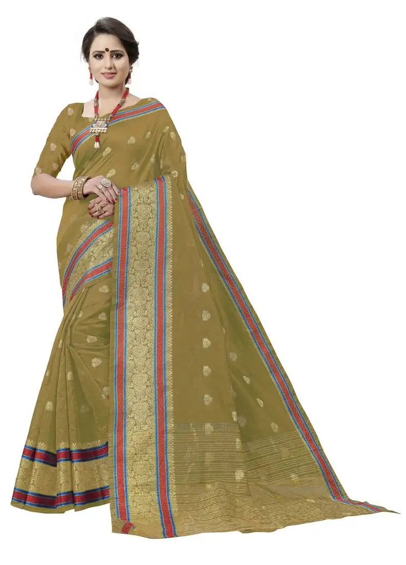 Beige woven cotton art silk saree with blouse