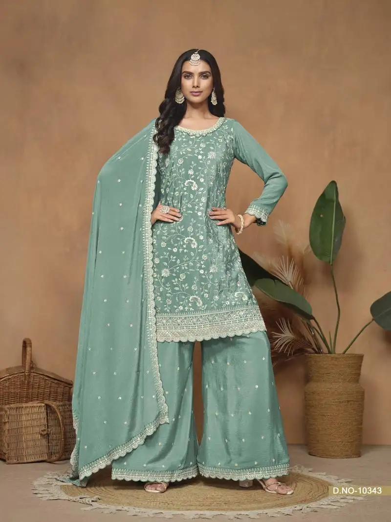 Aqua blue embroidered chinon silk semi stitched palazzo suit