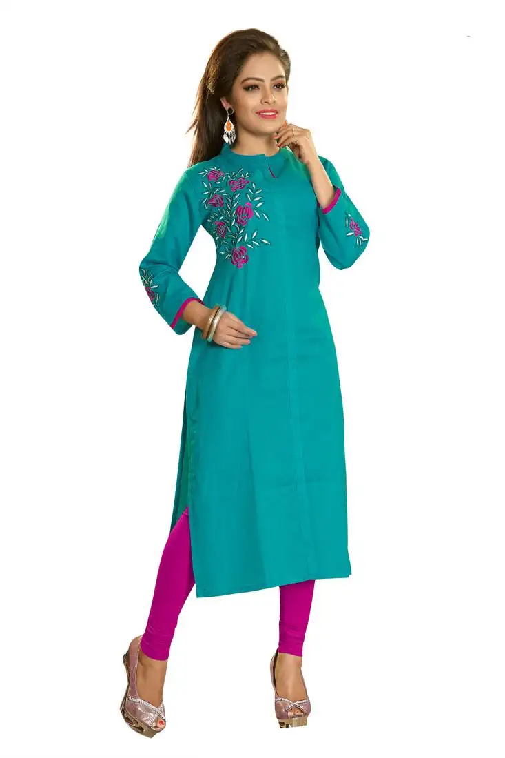 Aqua blue embroidered cotton kurti
