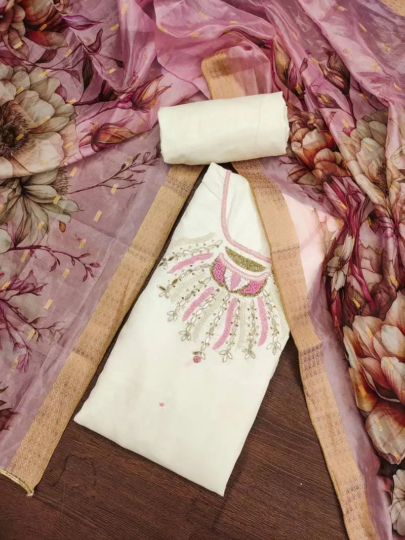 White premium roman silk blend unstitched dress material