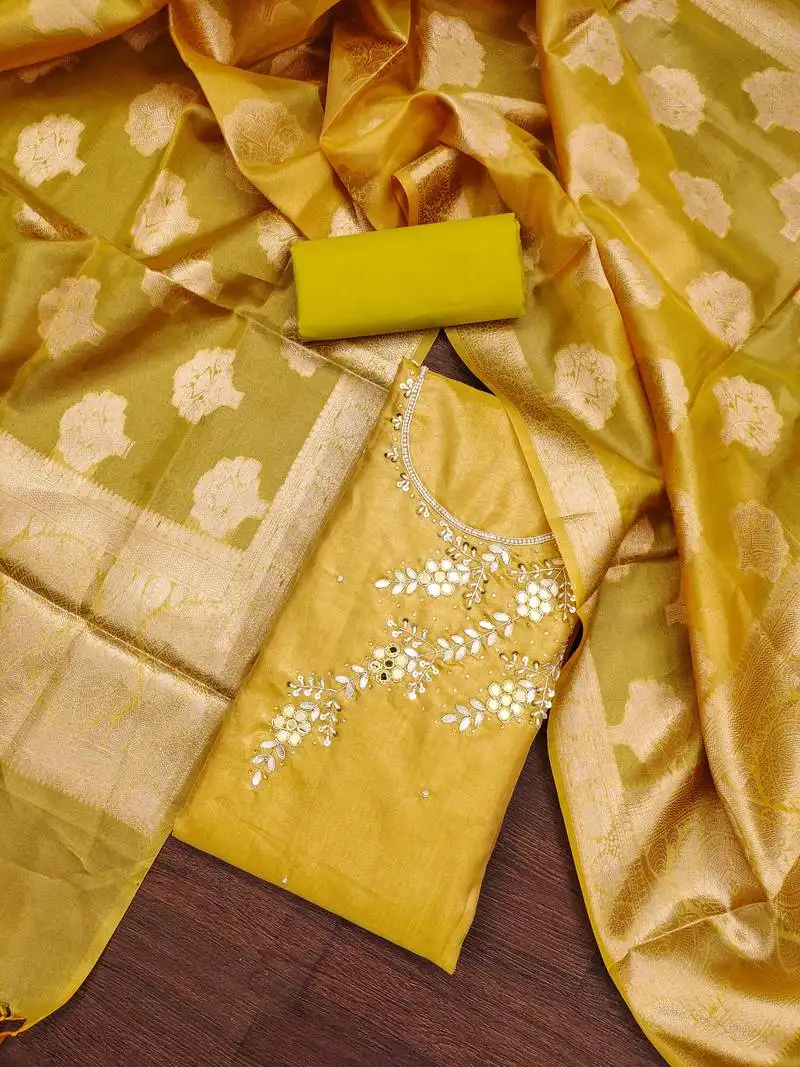 Yellow viscose unstitched dress material